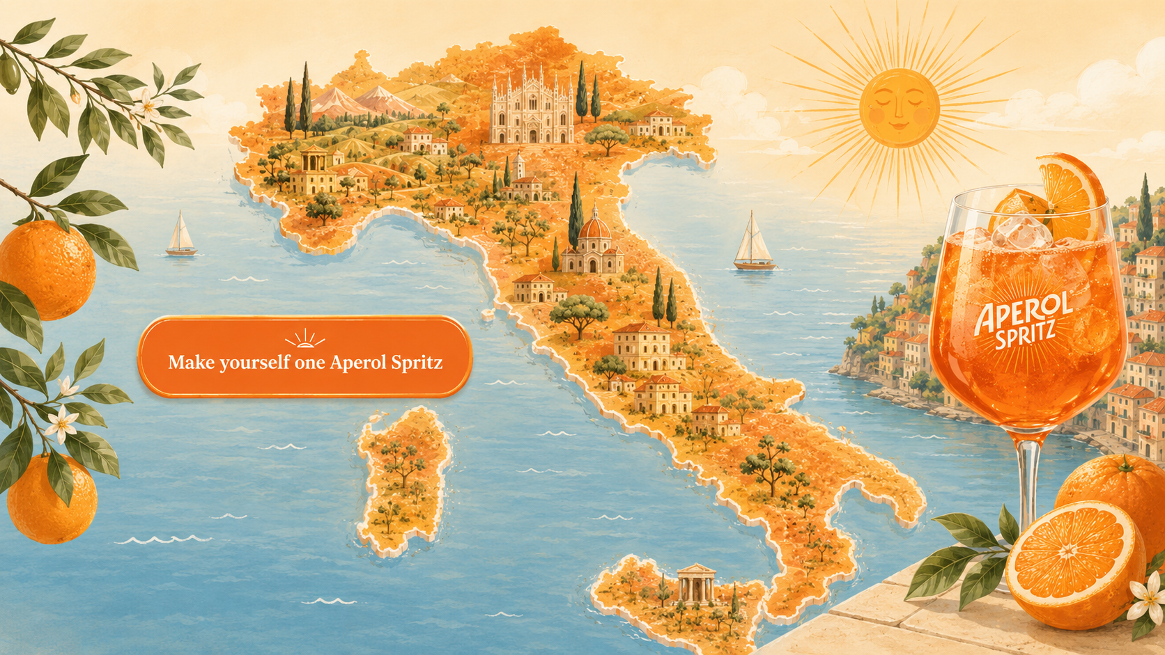 Illustrated map of Italy with an Aperol Spritz, oranges and sunshine